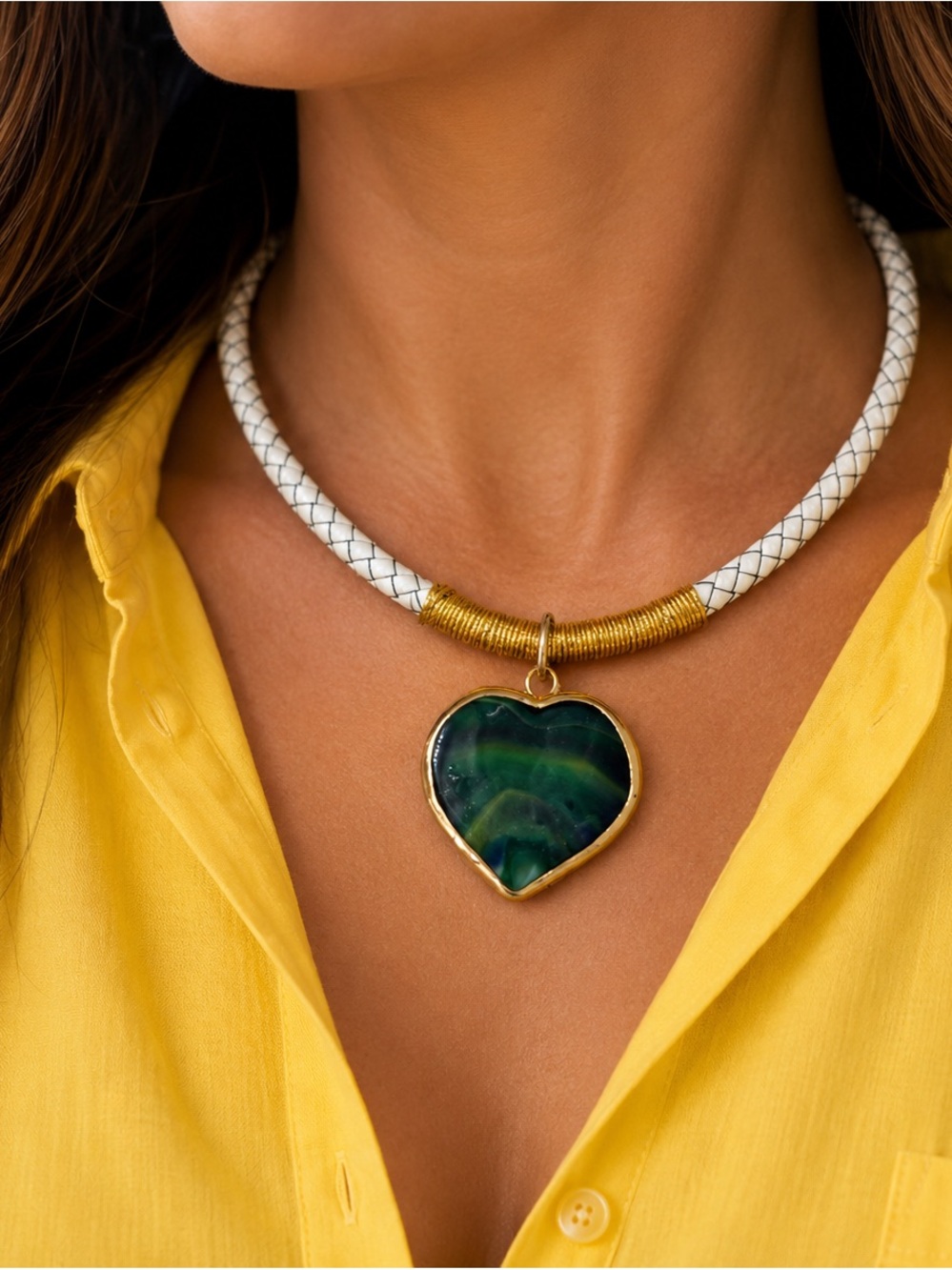 White Braided Necklace with Green 💚Heart Pendant - Gold Accent